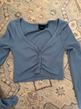 Free People Dusty Blue Ribbed Button Crop Top